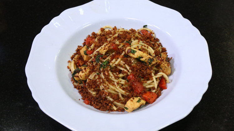 Chicken Spaghetti with Crispy Crumbs